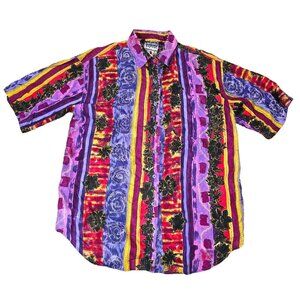 Details Express Silk Shirt Mens Medium Purple Multicolor Vintage Button Down 80s